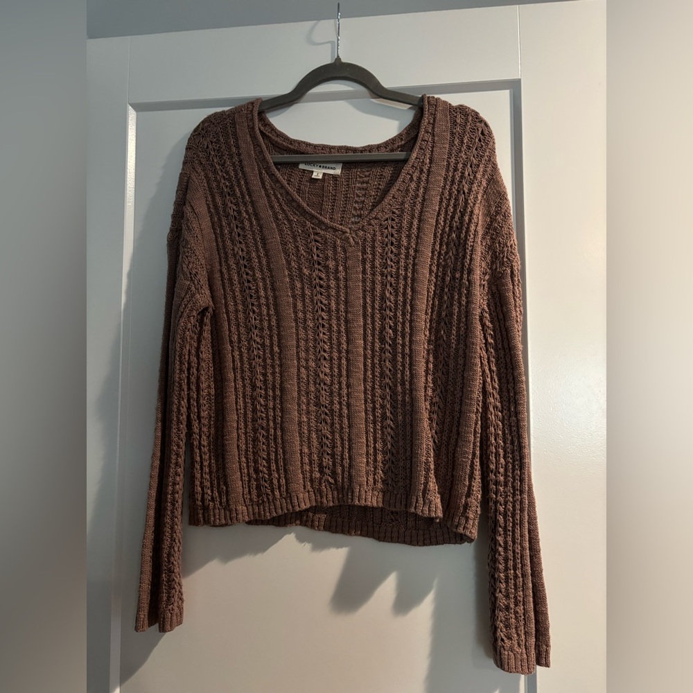 lucky brand taupe v neck cable knit sweater